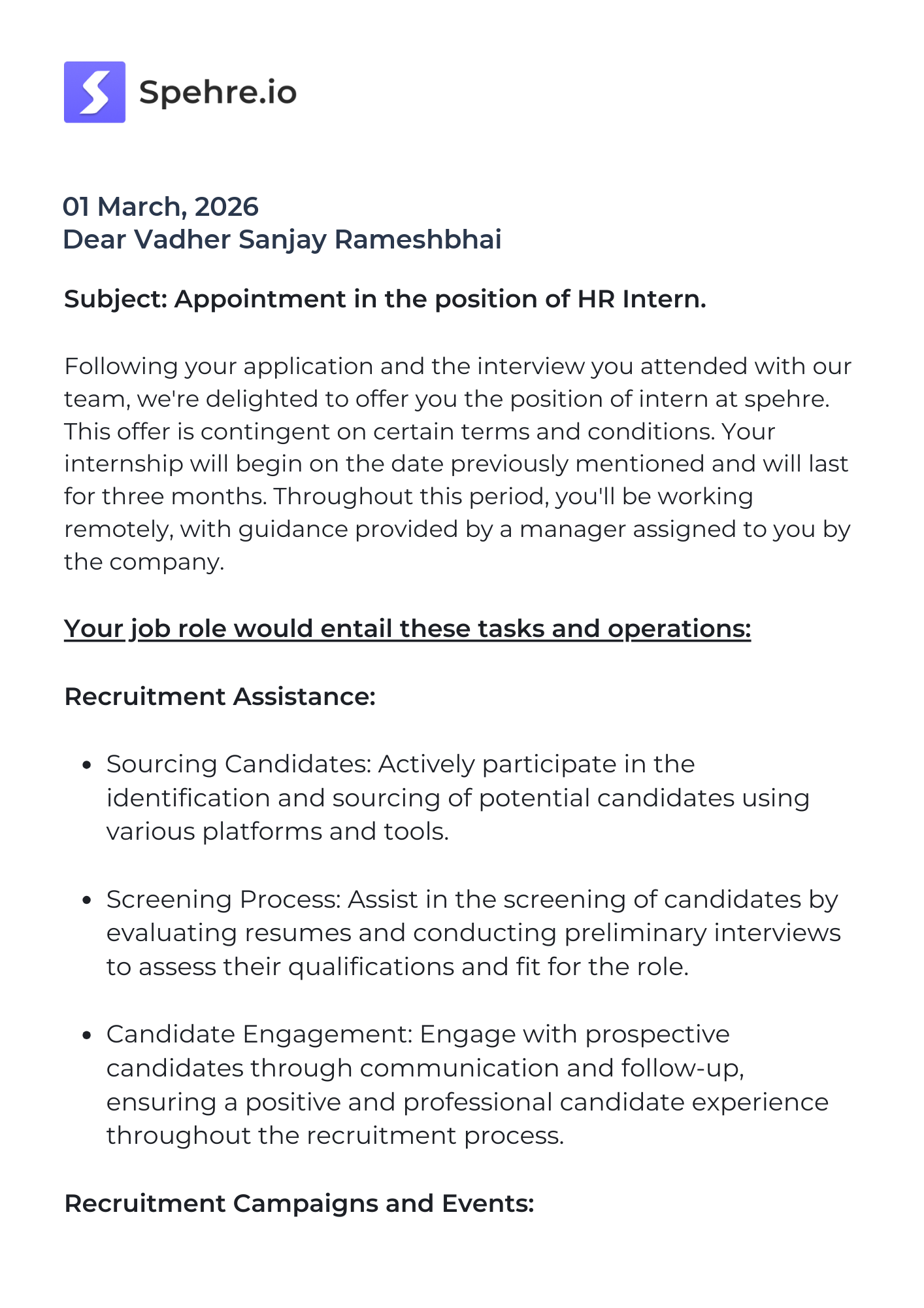 spehre Offer Letter Page 1