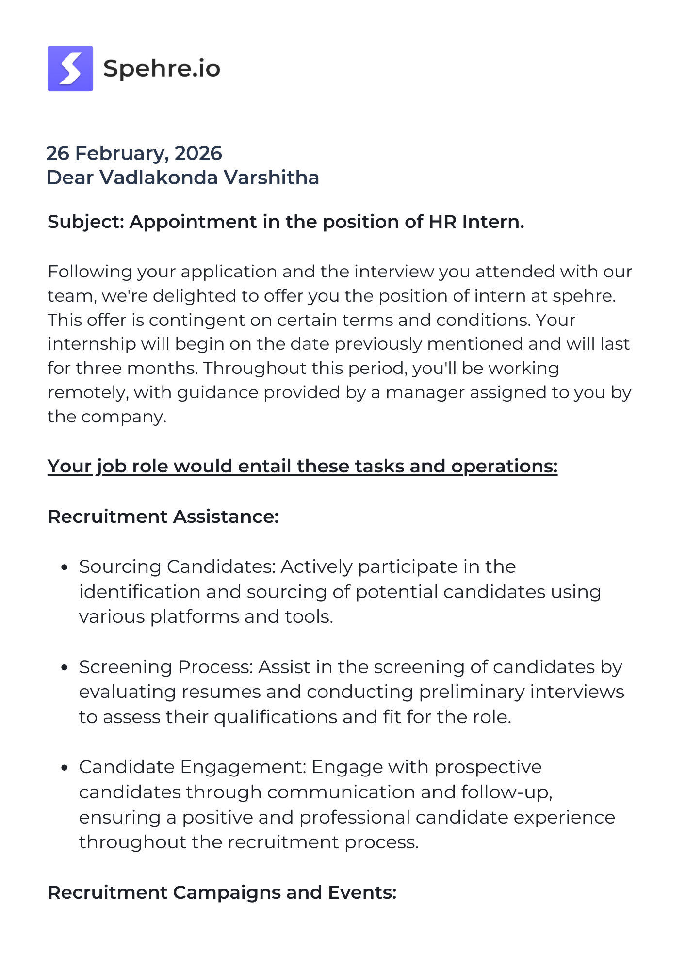 spehre Offer Letter Page 1