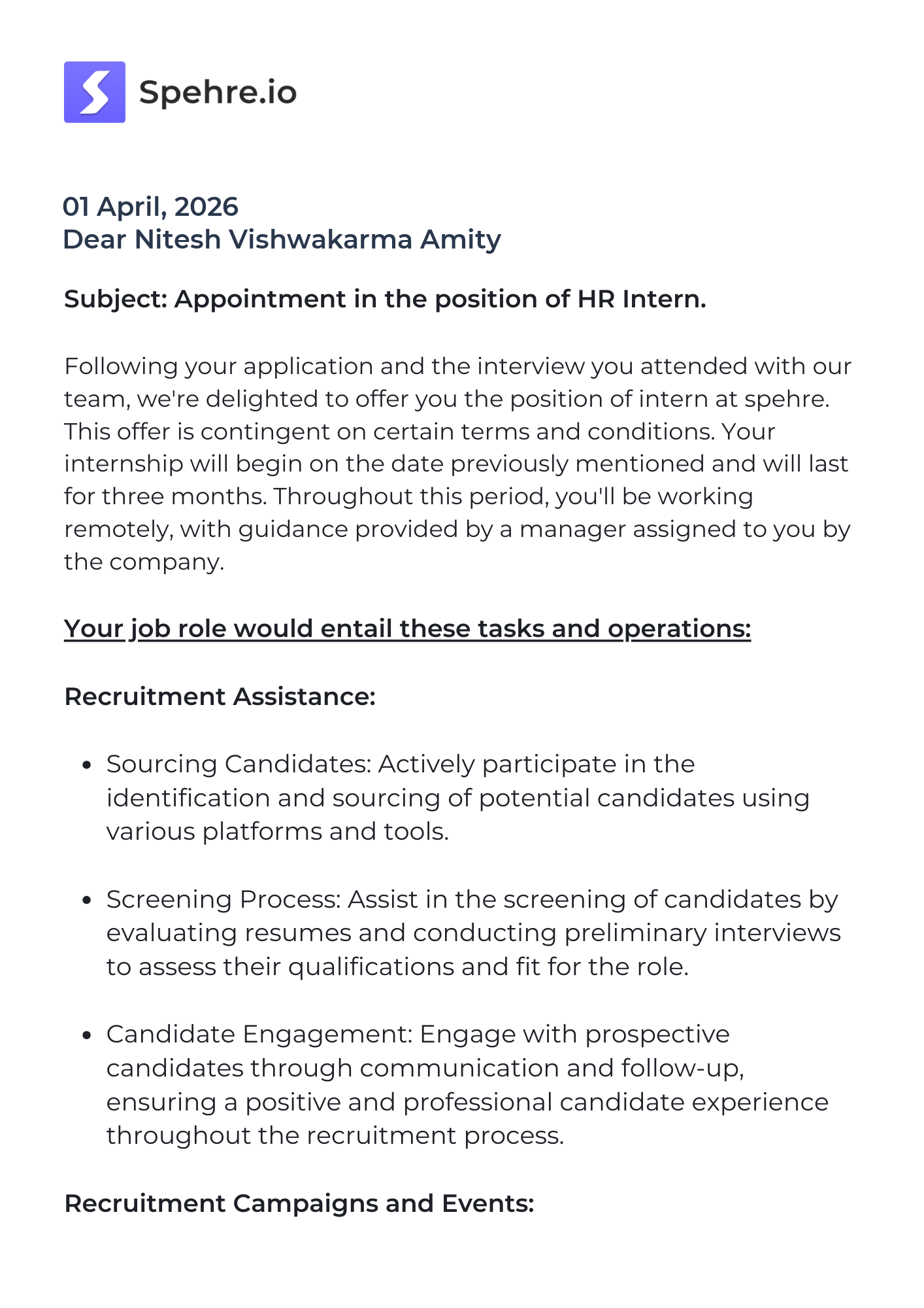 spehre Offer Letter Page 1