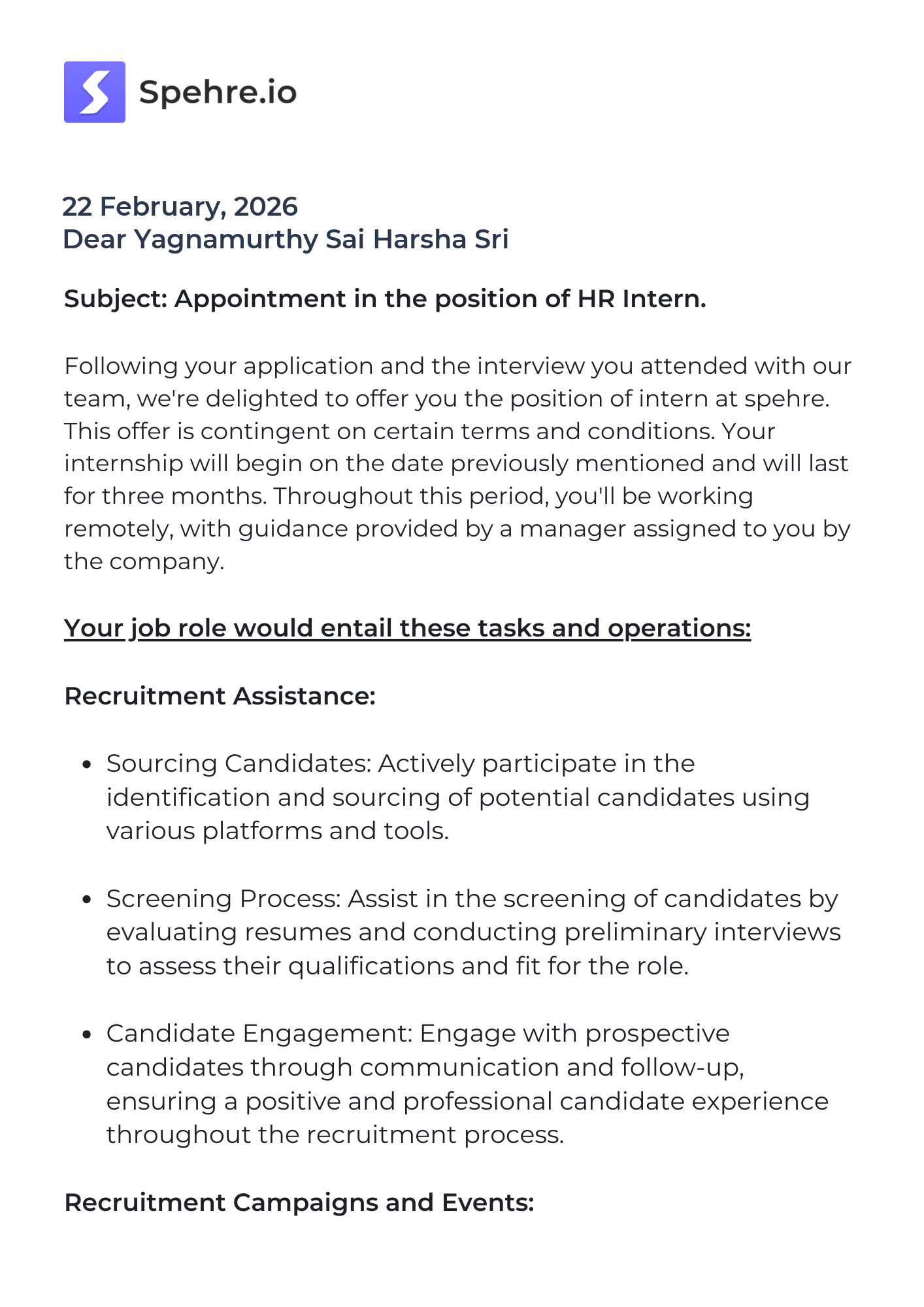 spehre Offer Letter Page 1