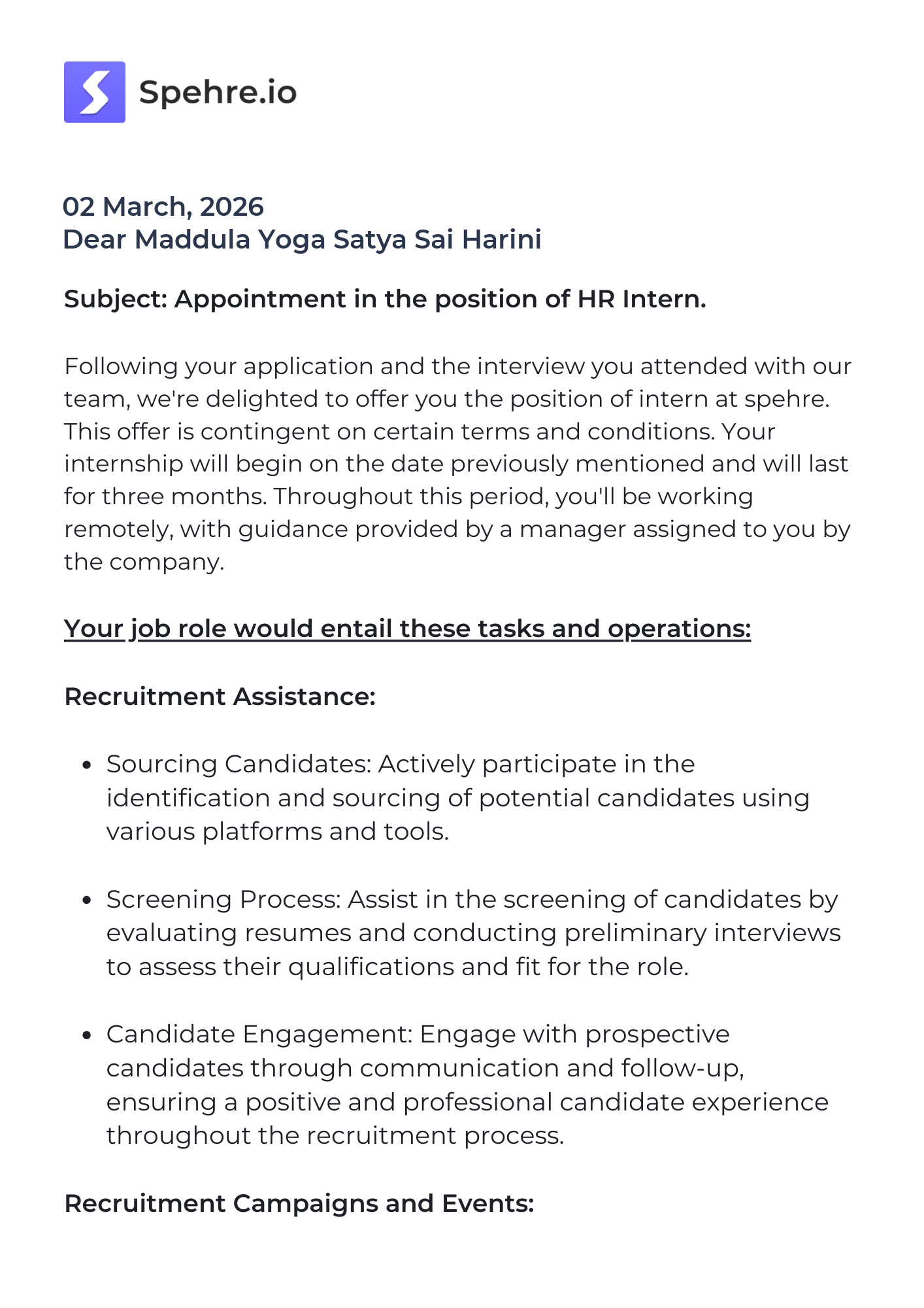 spehre Offer Letter Page 1