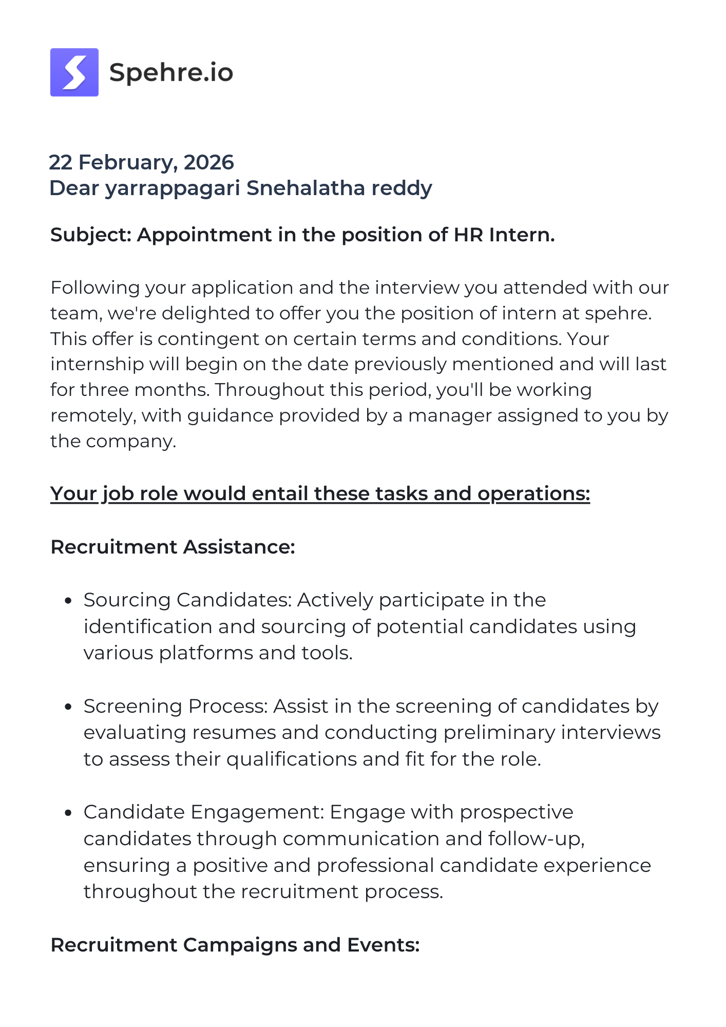 spehre Offer Letter Page 1